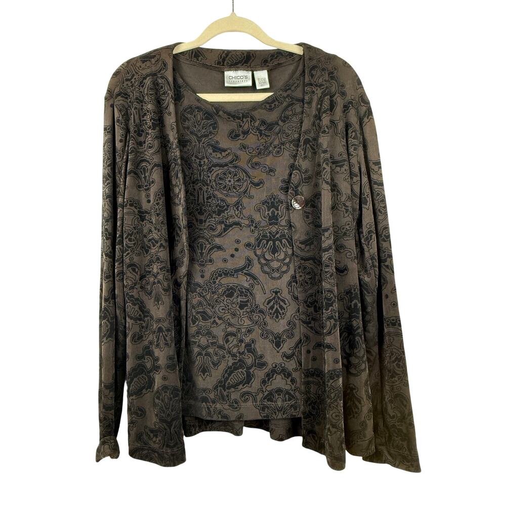Chico's Travelers Womens Cardigan Tank 2Pc Set Size 1 Brown Paisley Bohemian